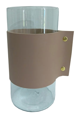 Lg. Glass and Leather Wrapped Vase/Hurricane 5”Dia - A