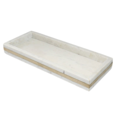 Med. White Marble Tank Tray w Brass Inlay 15"x6"- ST - White/Gold