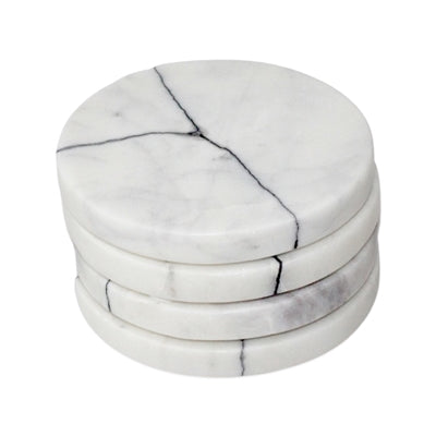 Set of 4 Veined White Marble Round Coasters-ST - White