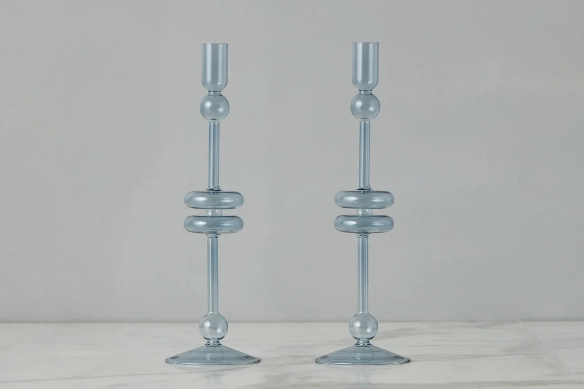Denim Glass Candlestick Pair, Large