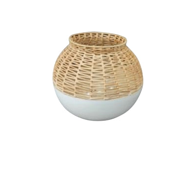 Iron & Cane Vase Dia 10” - White