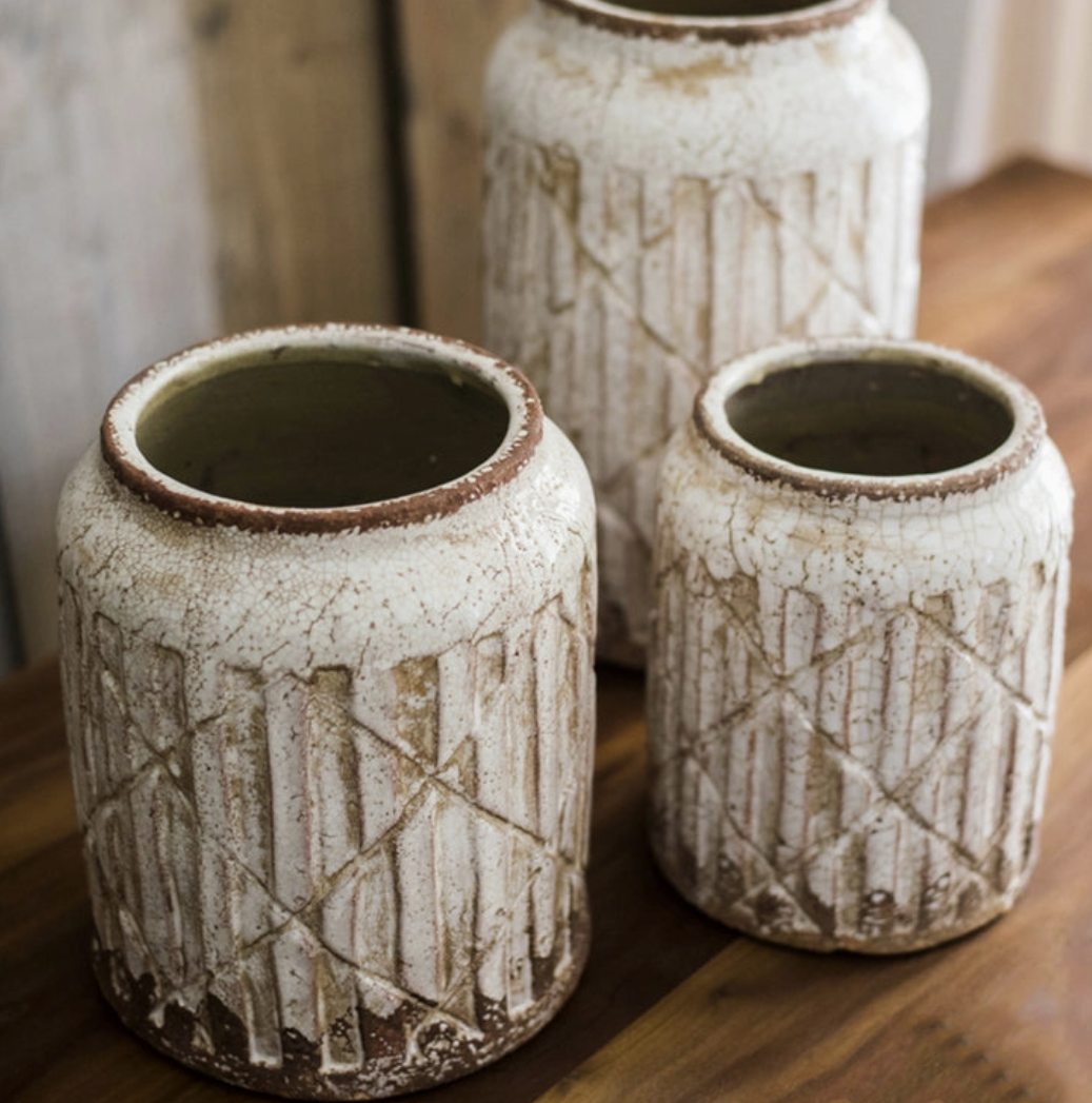 Distressed White Ceramic Flower Jar Vase - Small