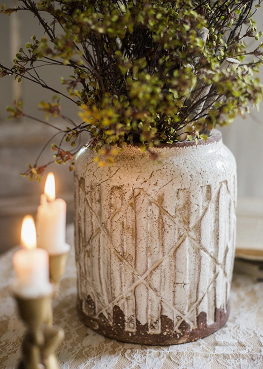 Distressed White Ceramic Flower Jar Vase - Small