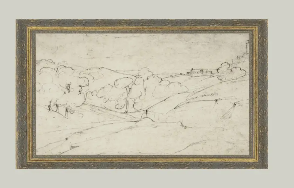 Rolling Hills Sketch Framed Antique Art 12X7
