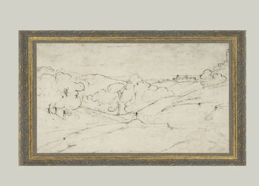 Rolling Hills Sketch Framed Antique Art 30X16