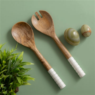 Mango Wood Salad Server Set Of 2 - Natural & White