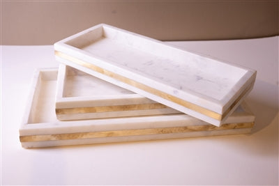 Med. White Marble Tank Tray w Brass Inlay 15"x6"- ST - White/Gold