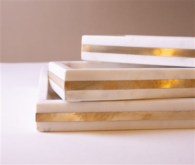 Med. White Marble Tank Tray w Brass Inlay 15"x6"- ST - White/Gold