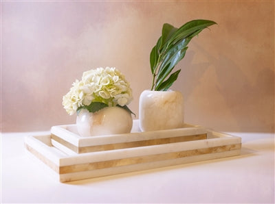 Med. White Marble Tank Tray w Brass Inlay 15"x6"- ST - White/Gold