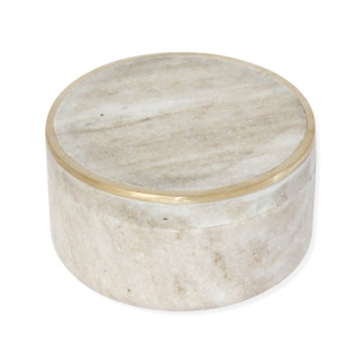 Med. Beige Marble Canister w/ Brass Edge Lid 4”Dia- ST - Beige/Gold
