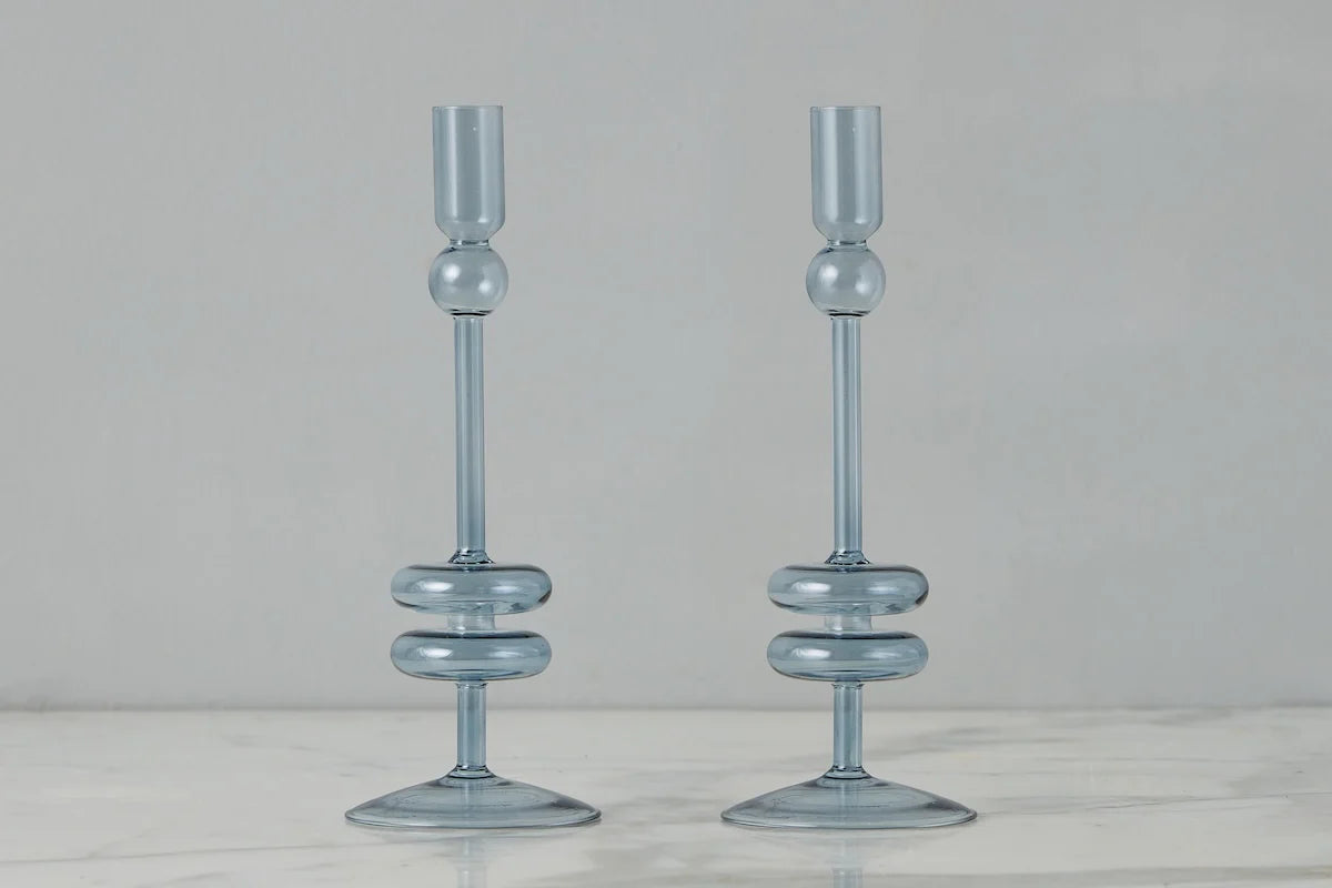 Denim Glass Candlestick Pair, Medium