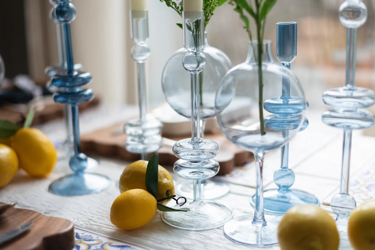 Denim Glass Candlestick Pair, Medium