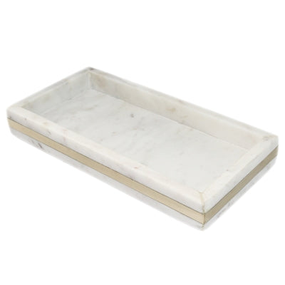 Sm. White Marble Tank Tray w/ Brass Inlay 12"x6"- ST - White/Gold