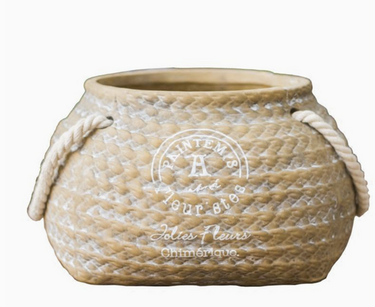 Tiny Ceramic Planter Hemp Bag Design with Rope Handles - Large