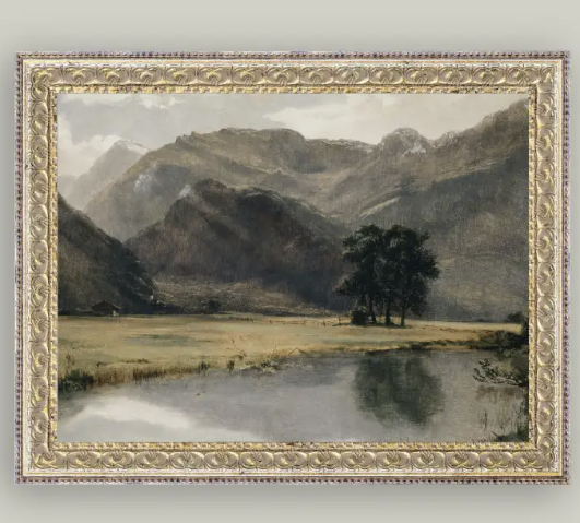 River Mountainscape Framed Antique Art 10X8