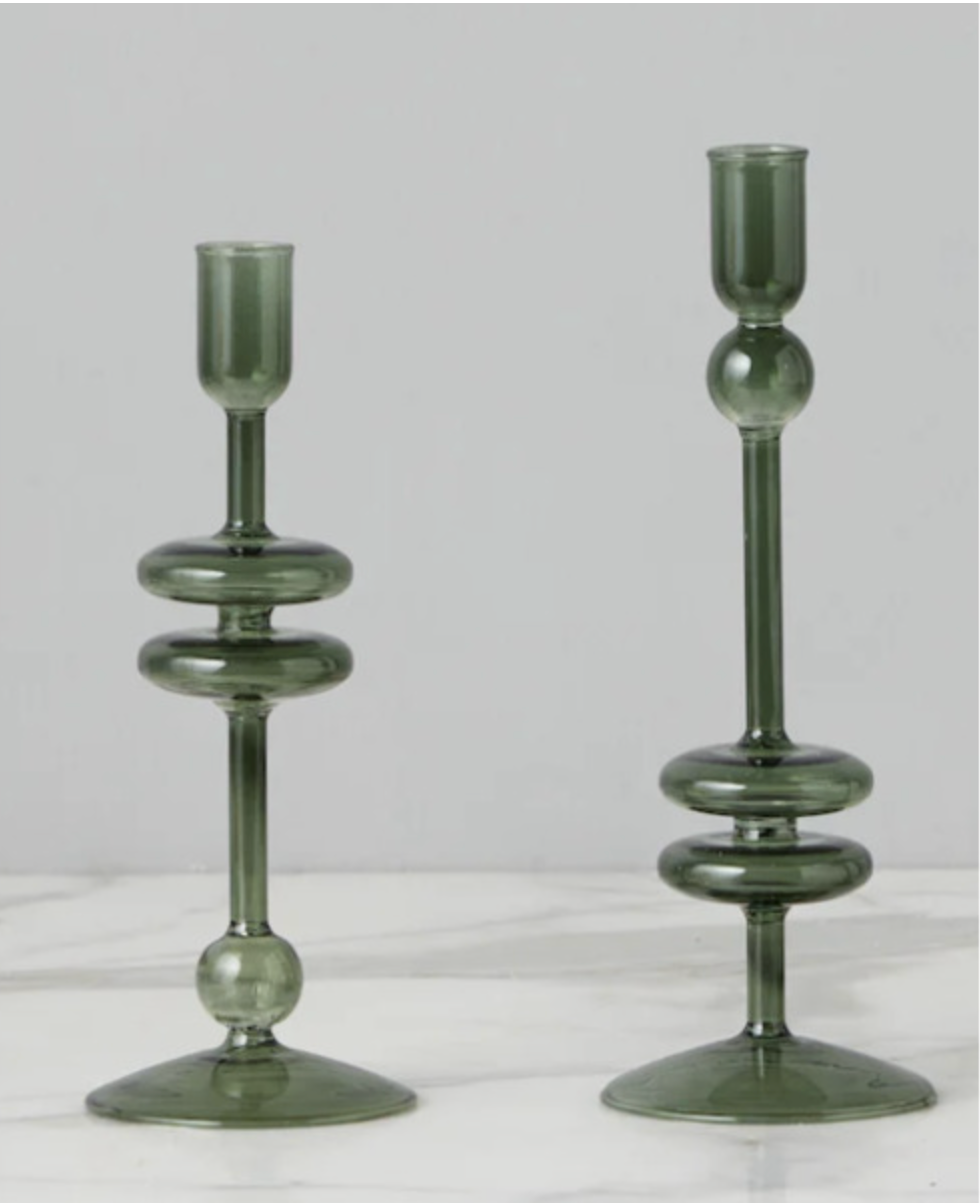 Sage Glass Candlestick Pair, Medium