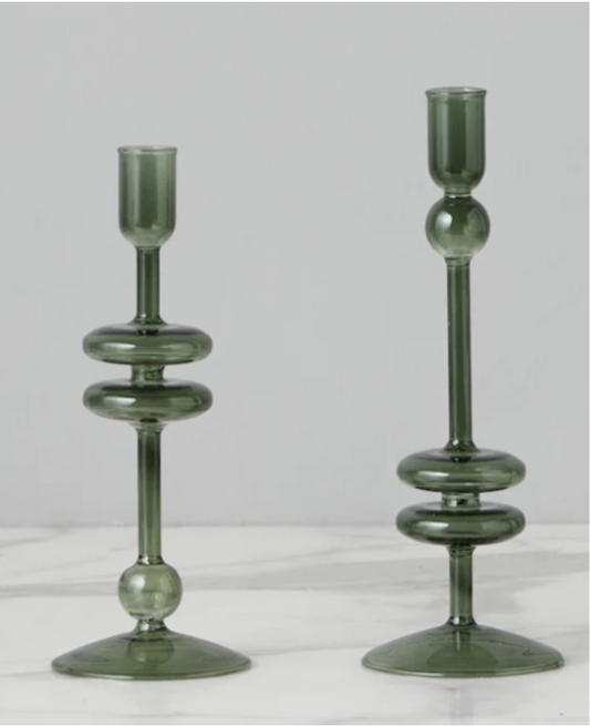 Sage Glass Candlestick Pair, Medium