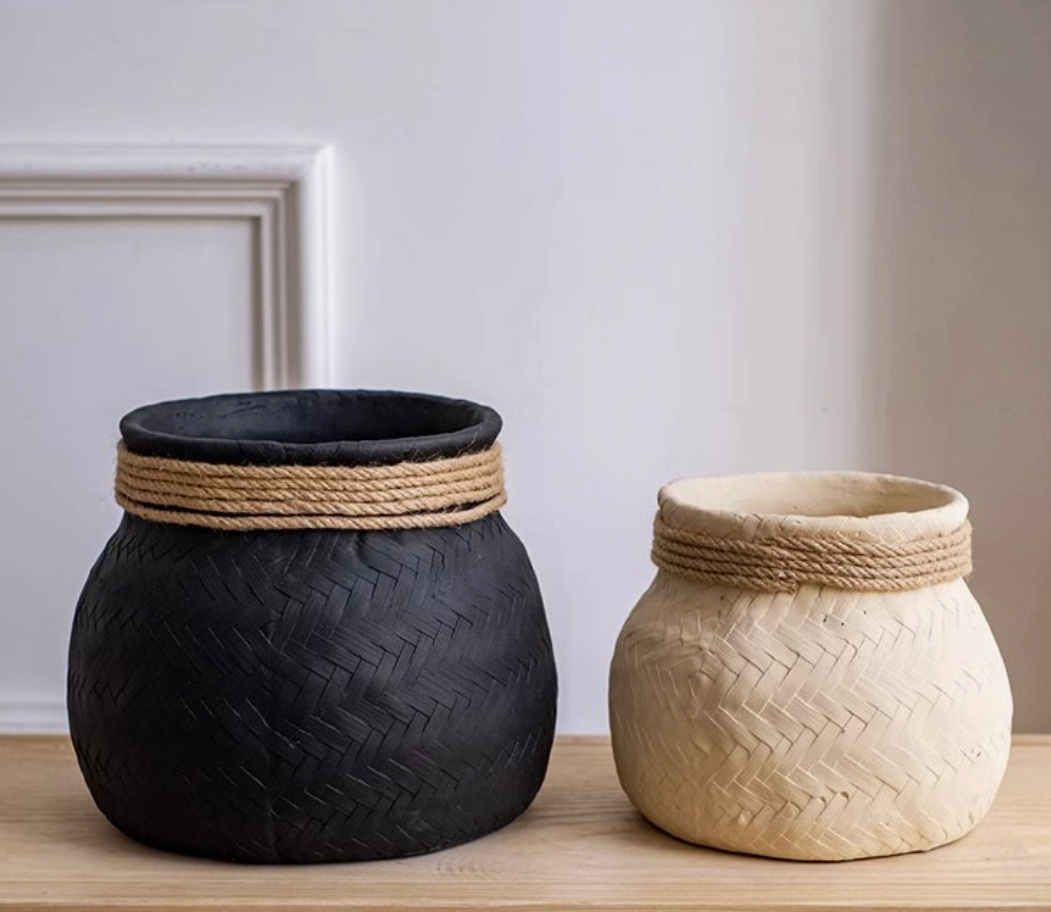 Faux Bamboo Woven Cement Planter - White Small