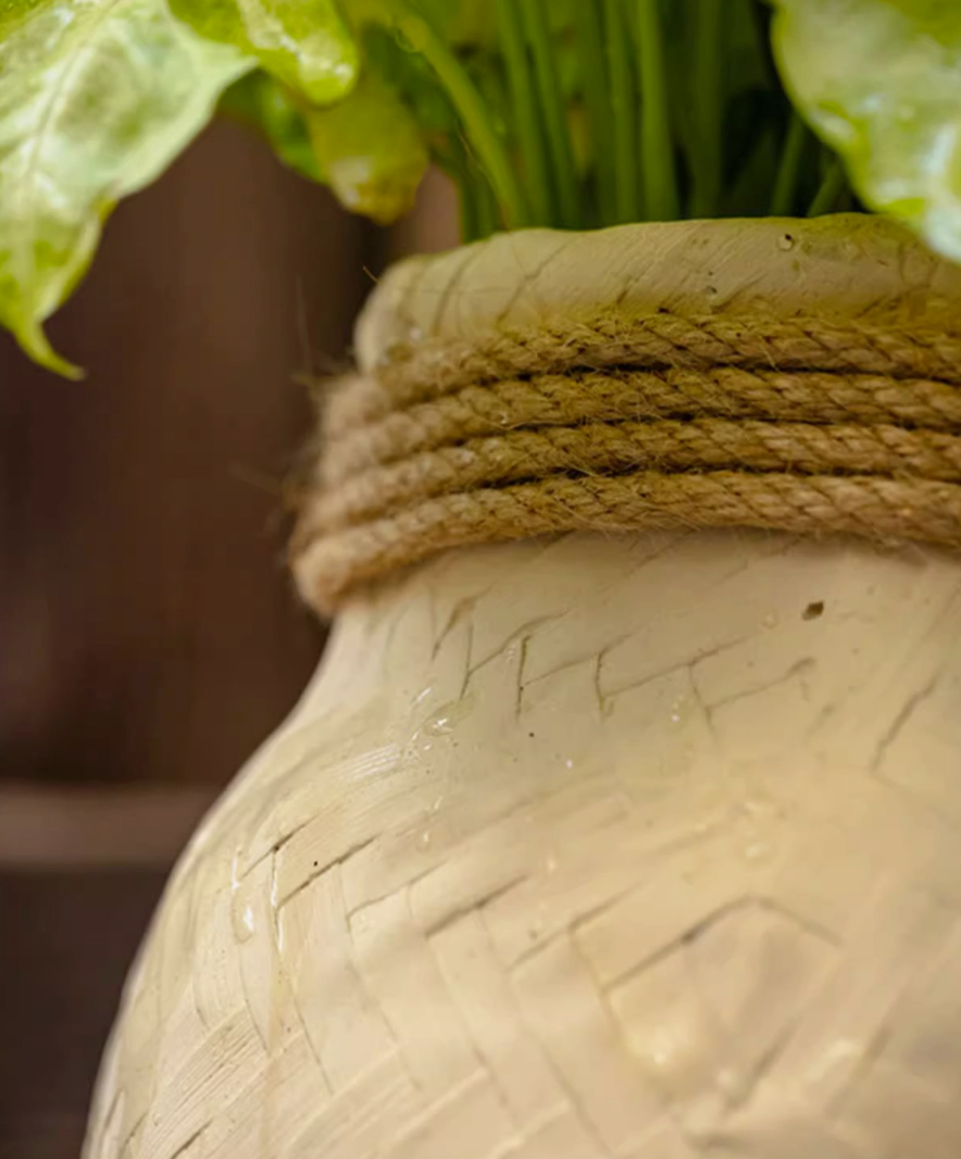 Faux Bamboo Woven Cement Planter - White Small