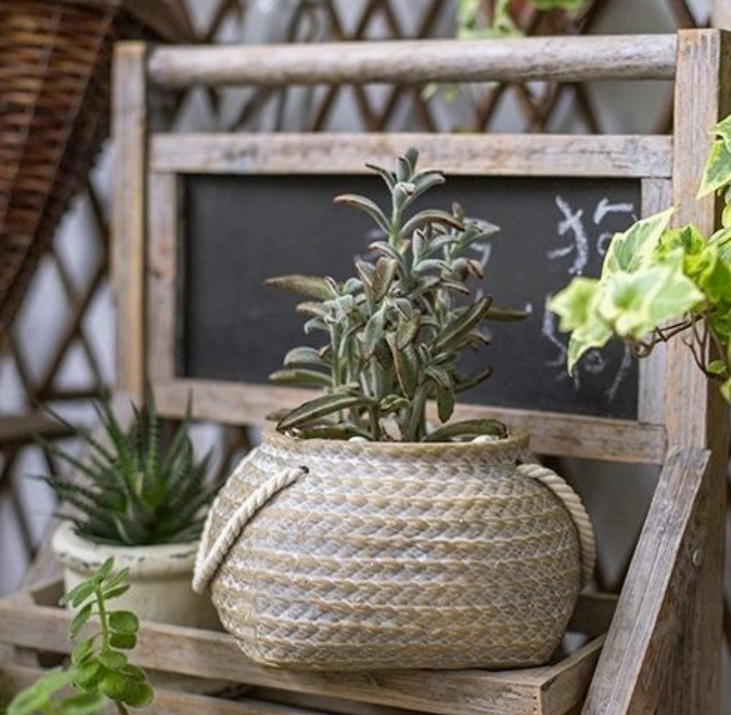 Tiny Ceramic Planter Hemp Bag Design with Rope Handles - Large
